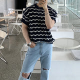 Itooh  Trendy Striped Jacquard Mens T Shirts Knitted O Neck Short Sleeve Hollow Out Knit T-shirts Summer Fashion Slim Men Knitted Tees