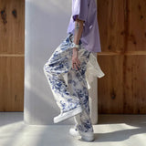 ITOOH Summer Flower Pants Men Oversized Printed Wide Leg Pants Men Streetwear Korean Loose Straight Casual Pants Mens Trousers M-3XL