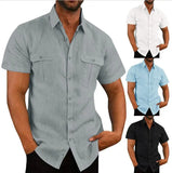 Itooh New Cotton Linen Men's Short-Sleeved Shirts Summer Solid Color Turn-down collar Casual T-shirt Shirt Male Breathable Shirts