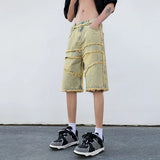 Itooh  Summer Raw Edge Denim Shorts Men Trendy Yellow Dyed Five-point Pants Tide Brand Ins Retro Loose Straight Pants