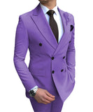 Itooh  Purple Mens Suits 2 Pieces Double-breasted Notch Lapel Flat Slim Fit Casual Tuxedos For Wedding (Blazer+Pants)