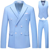 Itooh Men Casual Boutique Business Double Breasted Suit Coat 3 Piece Set / Solid Color Slim Fit Blazers Jacket Pants Vest Trousers