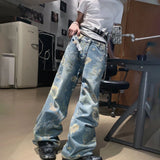 Itooh Mens Autumn American Y2k Retro Floral Jacquard Straight Jeans  New Korean Style Trendy Versatile Loose Casual Wide Leg Pants