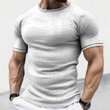 Itooh Elastic Slim Knit T Shirts Men Summer Short Sleeve O Neck Knitted T-shirt Sports Fitness Training Skinny Pure Color Knitting Tee