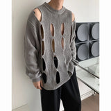 Itooh Spring Korean Style Men's Sweater Round Collar Hollow Out Design Solid Color Pullovers Male Long Sleeve Tops Personality