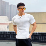 Itooh Men's T-shirt Summer Running Sports Fitness Clothes Muscle Slim Fit Short Sleeve Half Button O-neck Pullover Casual Short Sleeve