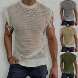 Itooh Fashion Sleeveless Ripped Design Knit Tank Tops Men Summer Streetwear Trend Hollow Out See Through Camisole Mens Retro Pullover