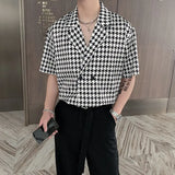 Itooh  New Plaid Houndstooth Print Shirt for Men Double-breasted Half Sleeved Cuban Collar Trend Loose Drape Casual Shirts Men