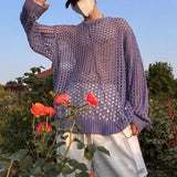 Itooh Casual Pullovers Hollow Out Outfits Fishnet Smock Tops Men Fashion Loose Long Sleeve See-though Knit Shirts Y2k Sexy Holes Shirt