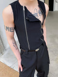 Itooh  Men Clothing Summer Double Zipper Design Solid Color Vests Personality Vest Niche Sleeveless Slim Tank Top For Male