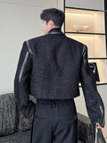 Itooh Men's Wear 2024 Spring Autumn PU Leather Patchwork Short Korean Style Loose Tweed Coat Single Button Wool Jackets