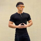 Itooh Men's T-shirt Summer Running Sports Fitness Clothes Muscle Slim Fit Short Sleeve Half Button O-neck Pullover Casual Short Sleeve