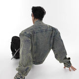 ITOOH 2024 Mens Denim Jacket Zippered Metal Design Distressed Washed Short Jeans Jacket Vintage Trendy Spliced Male Outerwear New