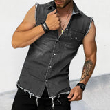 Itooh Spring Summer Casual Jean Vest Tops Men Fashion Sleeveless Buttoned Lapel Denim Tank Tops Streetwear Mens Denim Vest Shirts