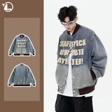 ITOOH Autumn 2024 Gradient Mens Denim Jacket Letter Printed Patchwork Leather Lapel Couple Cowboy Coats Washed Color Blocking Outwear