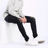 Itooh New Black Jeans Men Knee Ripped Hole Denim Pants Kpop Trendy High Street Slim Stretch Skinny Male Frayed Trousers Streetwear