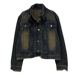 Itooh Short Japanese Distressed Denim Jacket Men Women Retro Fake Two-piece Double Necked Jackets High Street Wide Shoulder Jean Coats