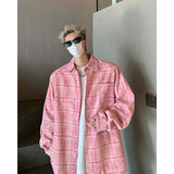 ITOOH Autumn Fashion Men Women Plaid Shirts Oversize Button Up Long Sleeve Tops Korean Loose Casual Outwear Couples Shirt Pink/Blue