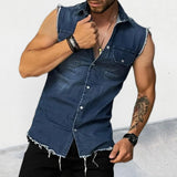 Itooh  Streetwear Mens Fashion Denim Vest Shirts Turn-down Collar Button-up Sleeveless Denim Tank Tops For Men Spring Summer Jean Vest