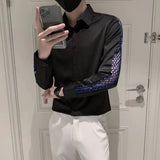 Itooh Mens Sexy Mesh Splicing Casual Long Sleeve Shirt  New Autumn Genderless Individuality Versatile Slim Fit Hollow Top Unisex