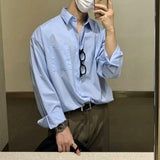 Itooh Korean Fashion Men High-end Light Blue Shirt Men Summer Solid Color Simple Casual Loose Button Pocket Long sleeve Shirts for Men