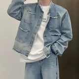 ITOOH Men's Casual Washed Denim Jacket Streetwear Ripped Stand Collar Texture Korean Harajuku Retro Long Sleeve Luxury Coat 2024 New