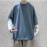 Itooh Patchwork Fake Two Long-sleeved T-shirt Men Autumn Trend Loose Round Neck Tshirts Youth Streetwear Ins Solid Bottoming Tee Shirt