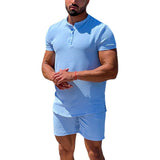 Itooh Fashion Pure Color Cotton Linen Outfits For Men 2024 Summer Short Sleeve Button Stand Collar Tops And Shorts Mens Two Piece Sets