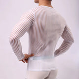 Itooh Mens Stripe Undershirt Breathable Slim Mesh Tees Shirt See Through Sheer Long Sleeves T Shirts Sexy Transparent Shirt Underwear