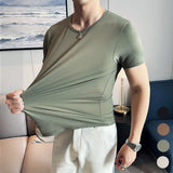 Itooh  Men's short-sleeved O-neck t-shirt, 2024 new product, elastic solid color ice silk top, business casual T-shirt. L-5XL