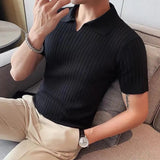 Itooh Summer Korean Men's Wear Solid Color Round Neck Turn-down Collar Ice Silk Fabric Knitting Short Sleeve Man Slim T-shirt