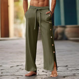 Itooh 2024 Summer Men's Casual Pants Beach Leisure Breathable Loose Solid Color Trousers For Men Fashion Side Buttoned Straight Pants