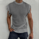 Itooh Fashion Sleeveless Ripped Design Knit Tank Tops Men Summer Streetwear Trend Hollow Out See Through Camisole Mens Retro Pullover