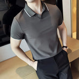 Itooh  Business Casual Solid Color Men's Polo Shirt, 2024 Summer Classic, Men Short Sleeve V-neck T-shirt, Slim Fit Spliced Polo 4XL-M