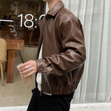 Itooh  Bf Styke Loose Short Pu Leather Jacket Men Korean Lapel Collar Casual Biker Coat