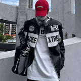 Itooh Japanese Color Block Jacket for Men Letters Embroidered PU Coats Stand Collar Cuffs Zippered Fake Leather Motorcycle Racing Suit