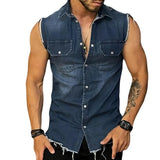 Itooh  Streetwear Mens Fashion Denim Vest Shirts Turn-down Collar Button-up Sleeveless Denim Tank Tops For Men Spring Summer Jean Vest