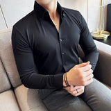 Itooh High Quality Waffle V-neck Shirt for Men's Long Sleeved Seamless Adhesive Stretch Shirt Solid Color Casual Business Dress Shirts