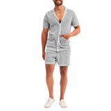 Itooh  Sexy See Through Hollow Out Mesh Knit Two Piece Suits Men Summer Fashion Short Sleeve Shirts And Shorts Sets Mens Outfits Beach