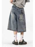 Itooh  Summer Thin Graffiti Denim Shorts Women Loose Casual Capris Straight Leg Vintage Wide Leg Shorts Baggy Jeans Women