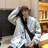 Itooh  Boys Cardigan Checkerboard Plaid Sweater Knitted Sweater New Spring Jumper V-neck Trend College Coats Green Streetwear HomeWear