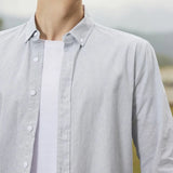 Itooh Spring Oxford Textile Long Sleeved Shirt Men's Cotton Casual Stripe Grey White Shirt British Classic Button Lapel Thin Outwear