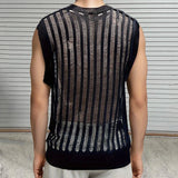 Itooh Hip Hop Mens Slim Tank Tops Knitted Crew Neck Sleeveless Casual Camisoles 2024 Summer Sexy Hollow Out See Through Knitting Vest