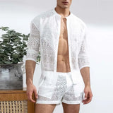 Itooh Mens Fashion Set Summer New Hollow Out Sexy Lace Shorts Pattern Print Shirt Two Piece Suits Trendy Elegant Beach Clothes Outfits