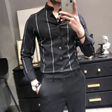 Itooh Korean Version Men's Commuter Top Spring and Autumn New Fashion Stripe Print Lapel Splice Button Business Casual Versatile Shirt