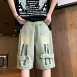 Itooh Summer Men Wide Leg Denim Shorts Vintage Cargo Hip-pop Baggy Knee Length Pants Stitching Streetwear Straight Casual 5 Pants