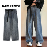 Itooh Autumn New Blue Solid Simple Jeans With Belt Male Casual Mopping Denim Pants Men Oversized Zipper Wide Leg Jean Pants