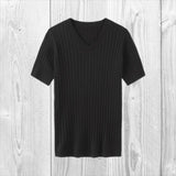 Itooh Summer Men's Retro Knitting Short Sleeve V Collar Solid Elastic Slim Black White Comfortable Vertical Stripes Office T-shirt