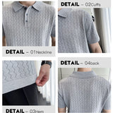 Itooh  Ice Silk Wave Striped Knitted Lapel Short Sleeve Men's T-shirt Slim Hole Polo Shirt Gray ,polo Golf Shirt