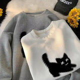 ITOOH Streetwear Harajuku Waffle Cotton Kawaii Hoodies for Men O-Neck Oversized Sweatshirt Y2K Black Cat HIP HOP Punk Winter Clothes